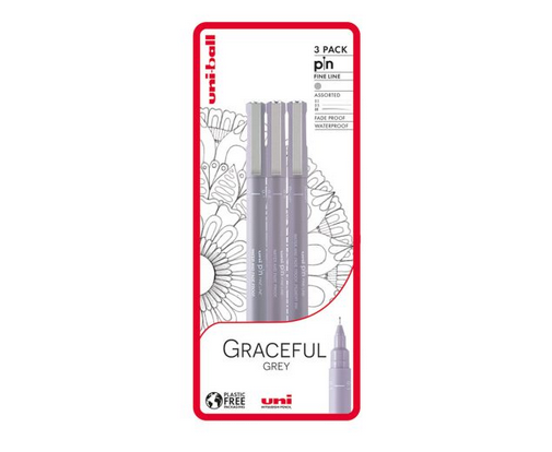 Uni-ball Graceful Grey 3 piece Uni-pin fineliner drawing pens, grey