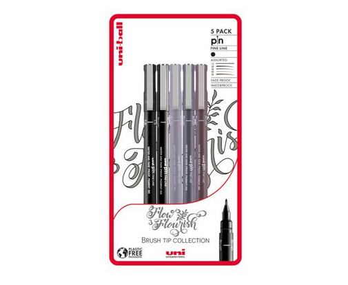 Uni-ball Flow and Flourish 5 piece Uni-pin fineliner drawing pens, black