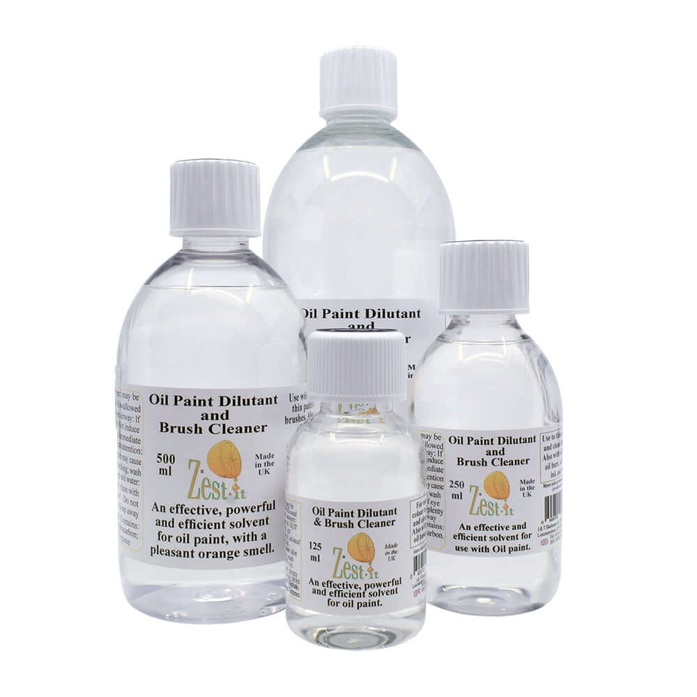 Zest-It oil paint dilutant bottles, non-toxic brush cleaner for artists seeking safer paint thinning and brush cleaning solutions.
