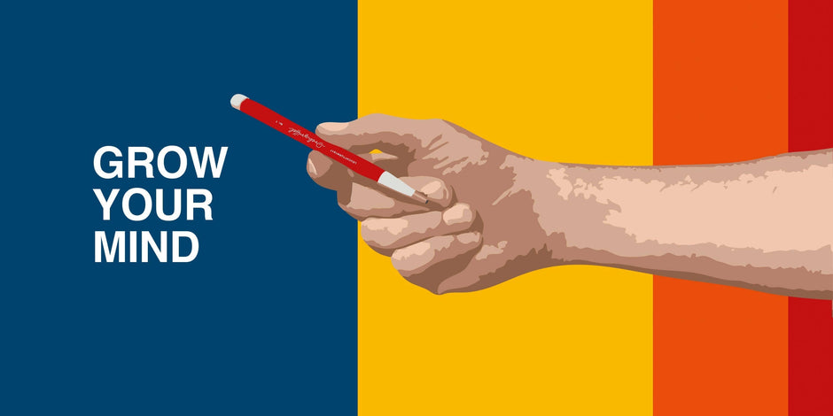Hand holding a pencil against colorful background with text 'Grow Your Mind' from Leuchtturm Grow Your Mind 2026 series.