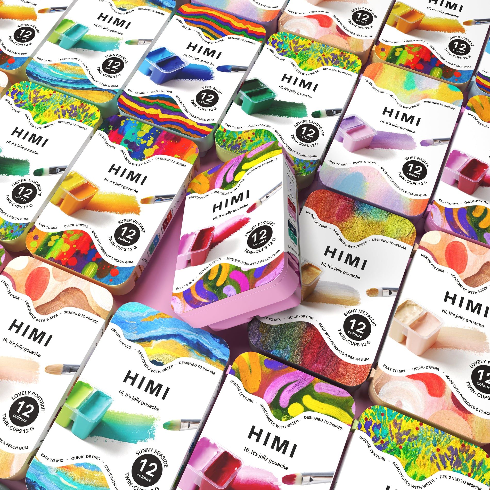 The full range of HIMI Twin Cup themed 12-colour gouache sets