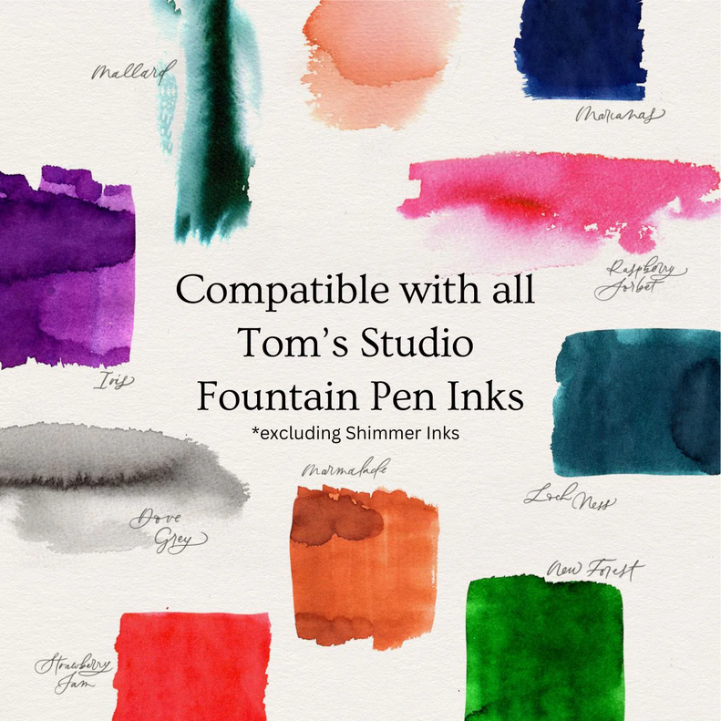 Color swatches demonstrating compatibility of Tom's Studio inks with the refillable writing pen.