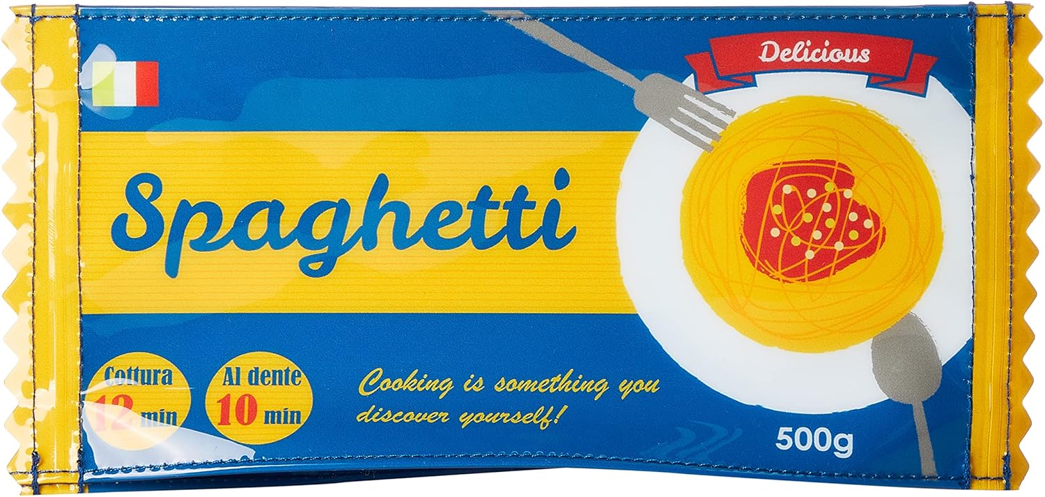 Colorful Japanese pouch designed to resemble a spaghetti package with a playful and stylish supermarket-inspired theme.