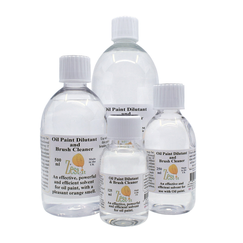 Zest-It oil paint dilutant bottles, non-toxic brush cleaner for artists seeking safer paint thinning and brush cleaning solutions.