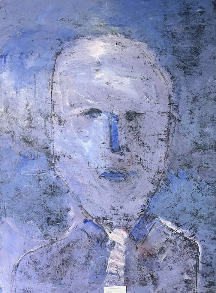 Portrait of Paul Yates, Meet Paul Yates in the gallery — Friday 2pm, featuring blue tones and abstract style.