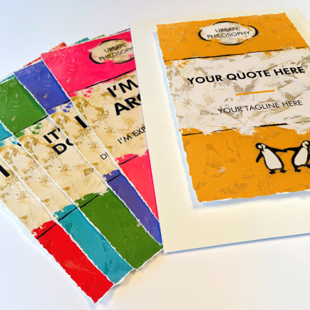 Colorful Urban Philosophy art prints with penguin illustrations and customizable quotes, showcasing vibrant hues and bold design.