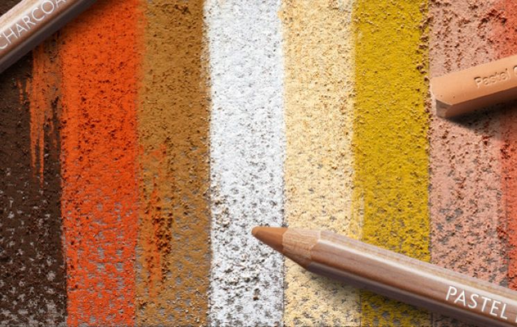 Vibrant collection of colored pencil strokes in earthy tones and pastels on textured paper background.