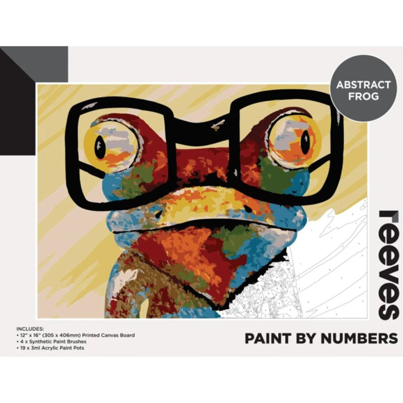 Colorful abstract frog paint by numbers kit with canvas, brushes, and acrylic paints for all skill levels.