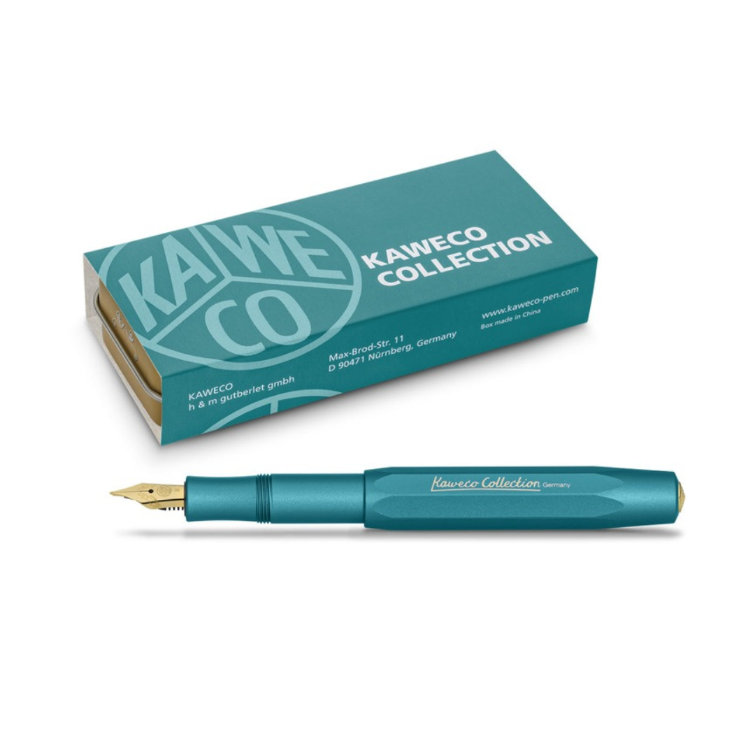 Kaweco Collection Iguana Blue fountain pen with box, alternative view, on white