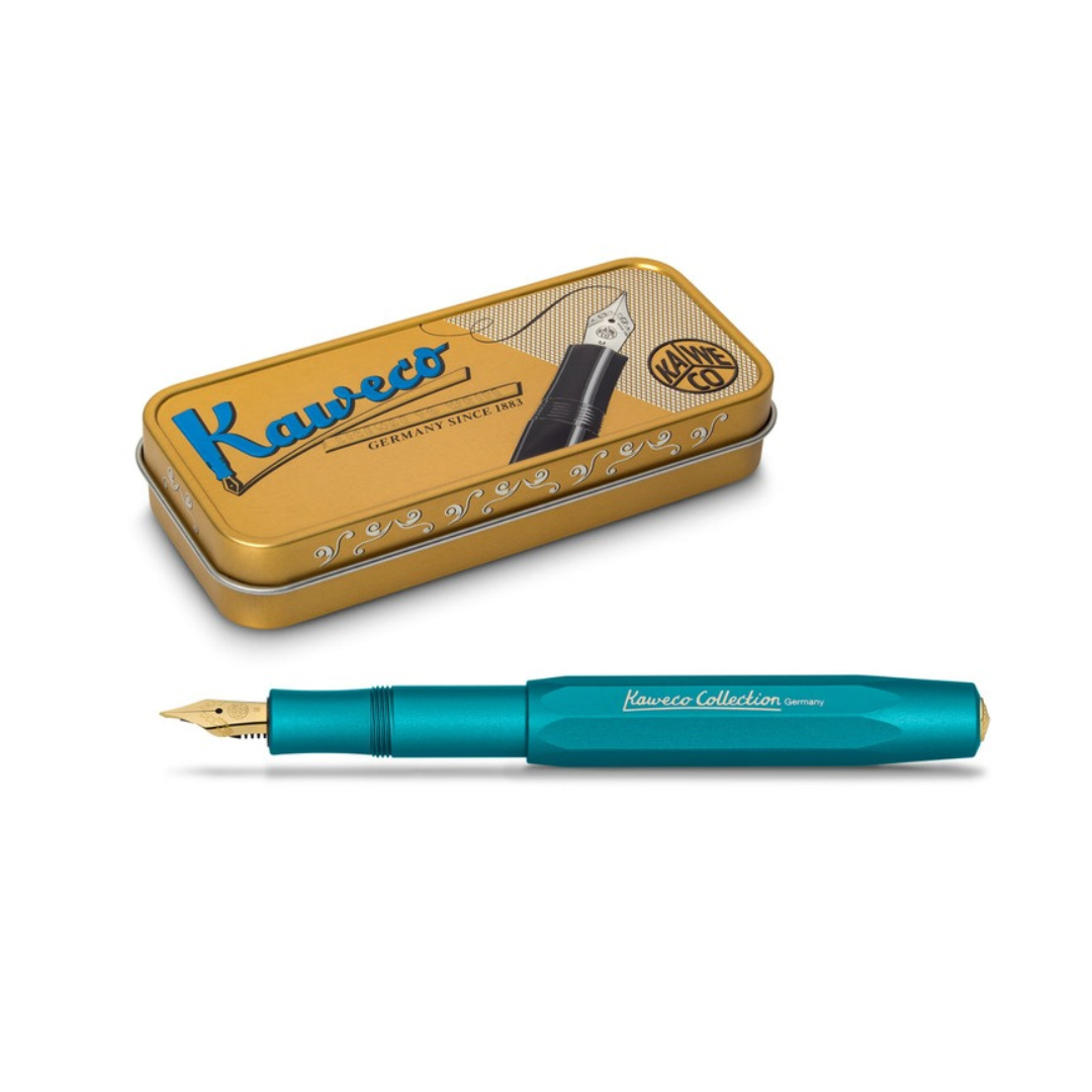 Kaweco Collection Iguana Blue fountain pen with gift tin, on white