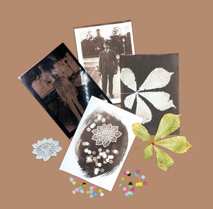 Van Dyke brown sun prints with leaves, lace and printed negatives
