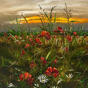 Sunlit Serenity painting by Kimberley Harris, featuring a luminous landscape with vibrant red flowers and a radiant sunset sky.