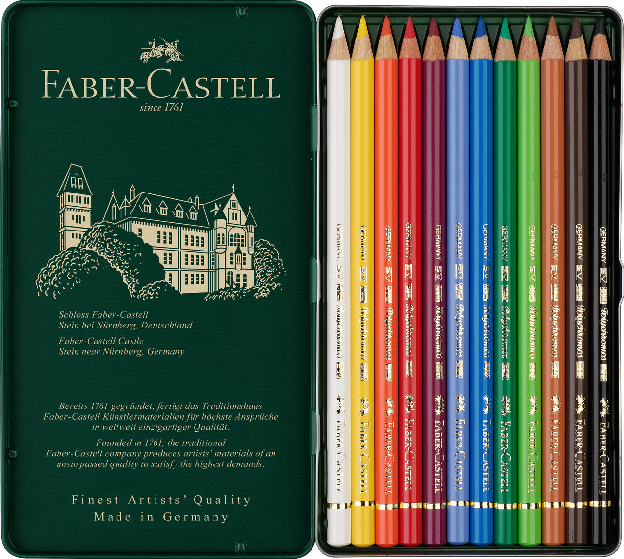 Faber-Castell Polychromos Colour Pencils Tin of 12 - open tin