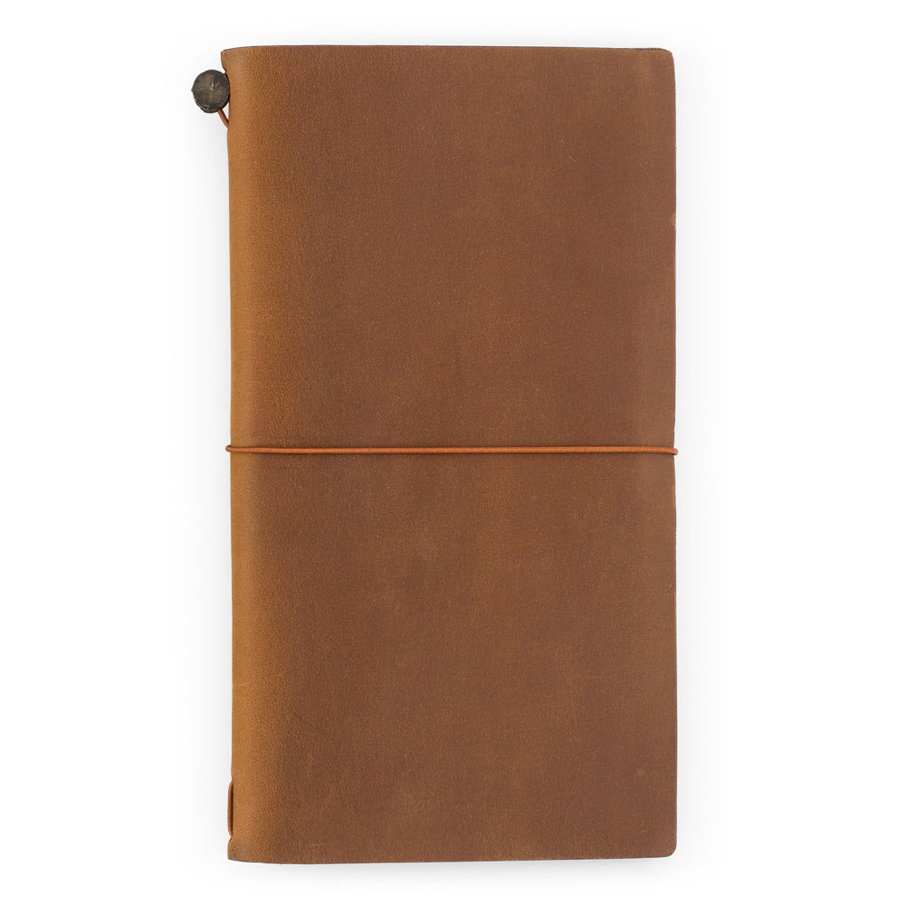 TRAVELER'S notebook Regular Size in camel vegetable-tanned leather with brass clasp and elastic band