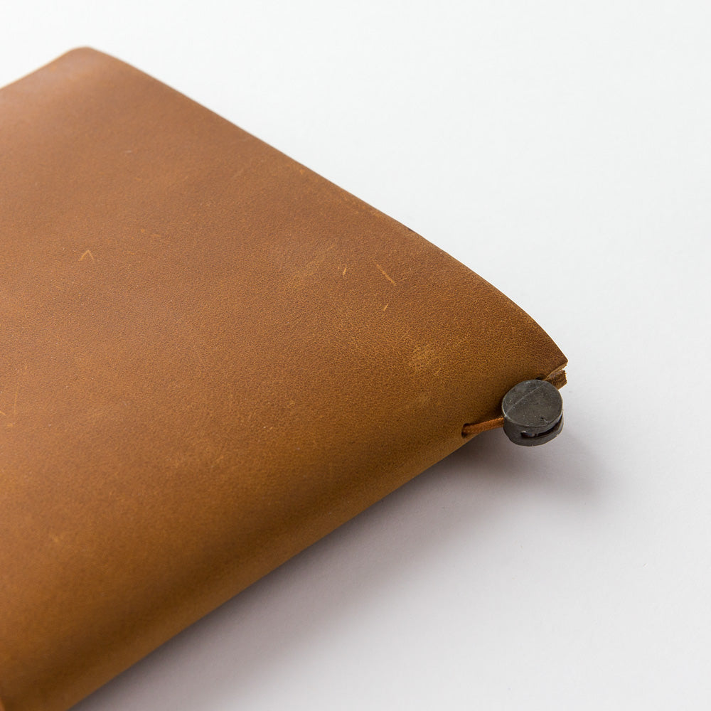 TRAVELER'S notebook Camel Regular Size opened to show the elastic band holding the refill