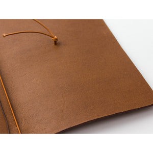 Detail of the brass clasp and elastic closure on the camel TRAVELER'S notebook cover