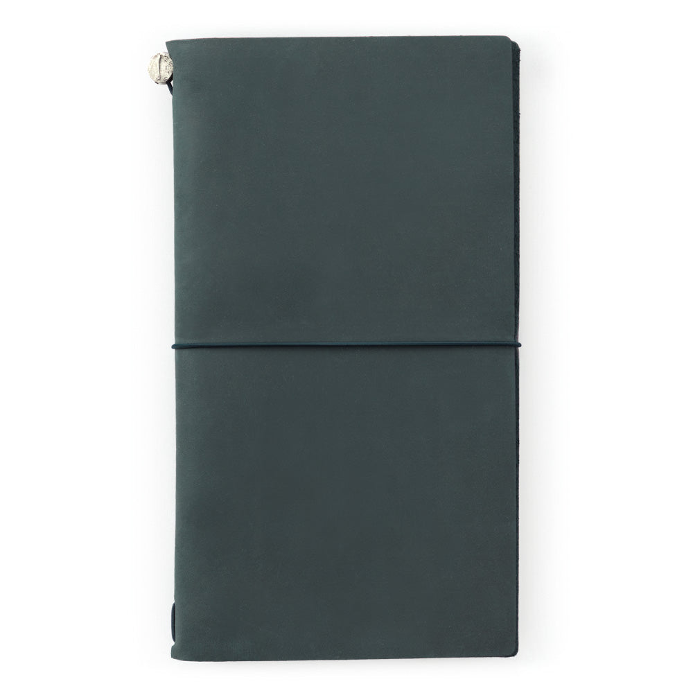 TRAVELER'S Notebook Regular Size in Blue leather, closed with elastic band