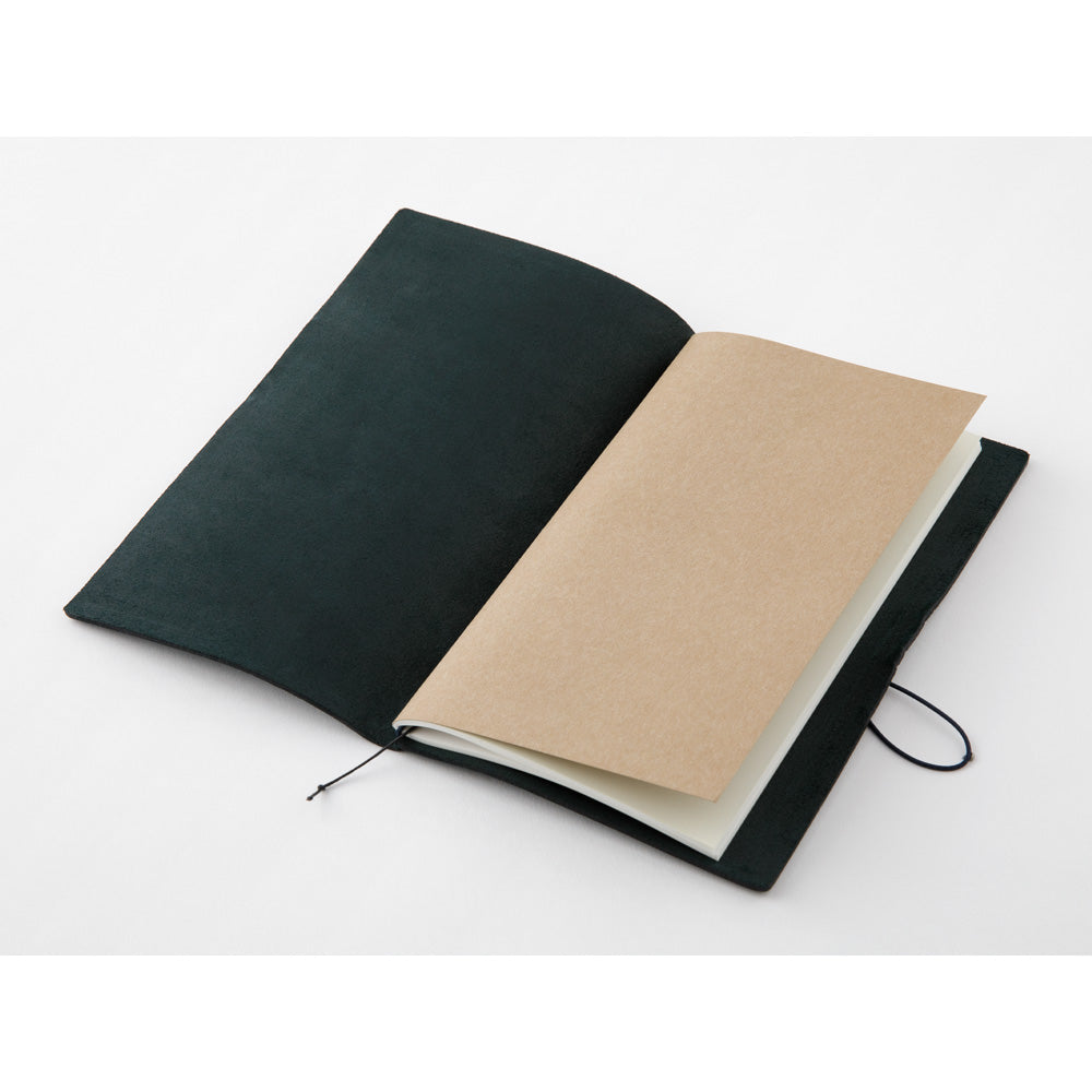 TRAVELER'S Notebook Blue Regular Size shown open with refill and contents