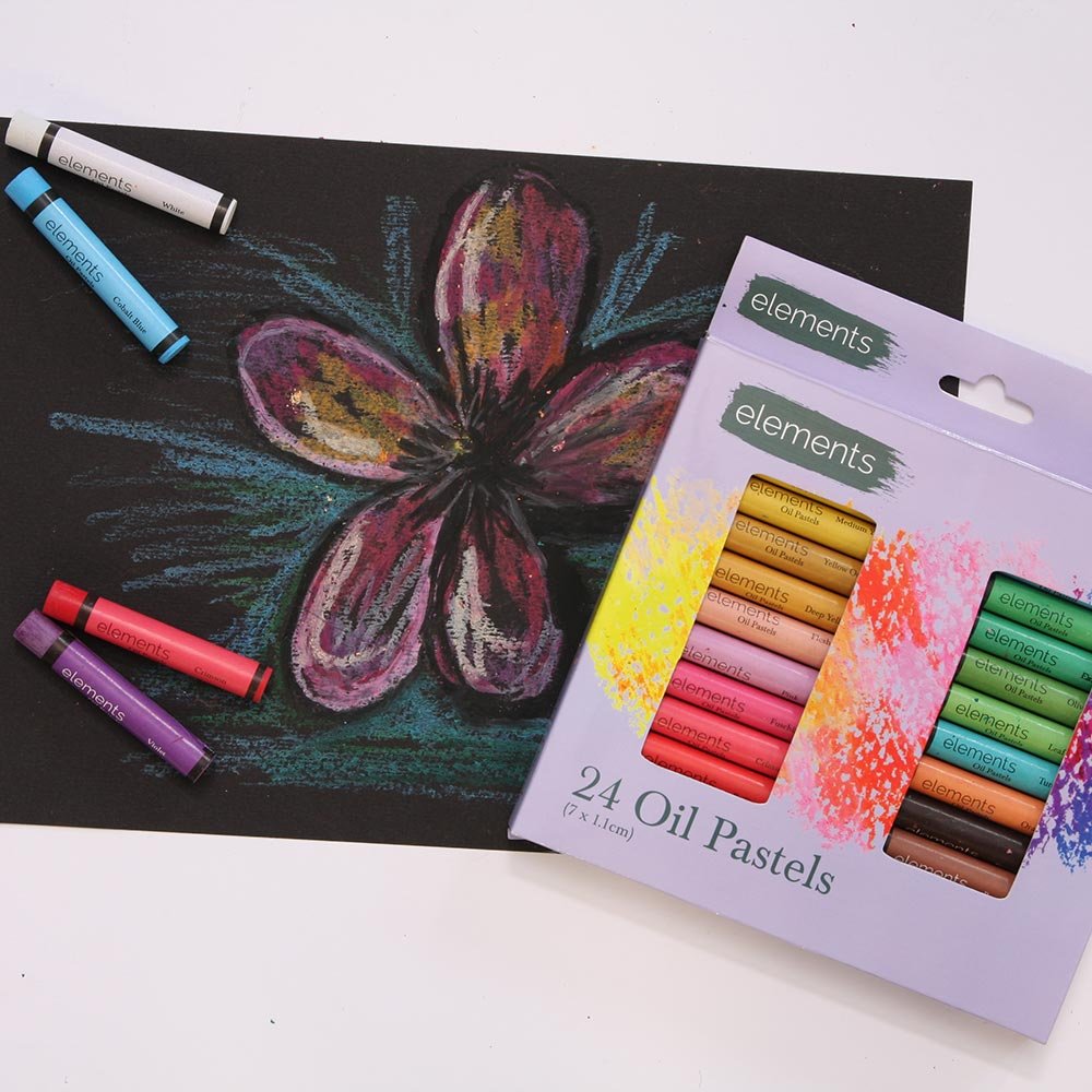 Elements Oil Pastels with a flower drawing on black paper