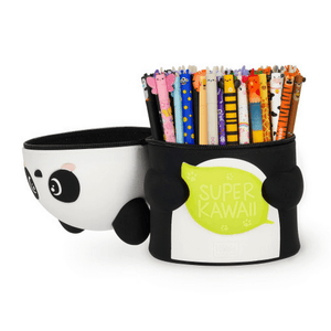 Super Kawaii - 2-In-1 Silicone Pencil Case - Panda with colorful pencils, soft silicone material, table pen holder, dimensions L 13 x H 19 x W 13 cm.