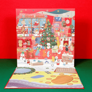 Iwako Advent Calendar 2025 with kawaii style Christmas scene and play sheet, featuring collectible puzzle erasers and festive characters.