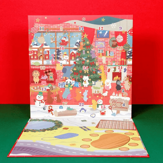 Iwako Advent Calendar 2025 with kawaii style Christmas scene and play sheet, featuring collectible puzzle erasers and festive characters.