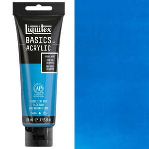Liquitex Basics Fluorescent Acrylic 118ml tube in vibrant blue shade, perfect for artists of all levels.