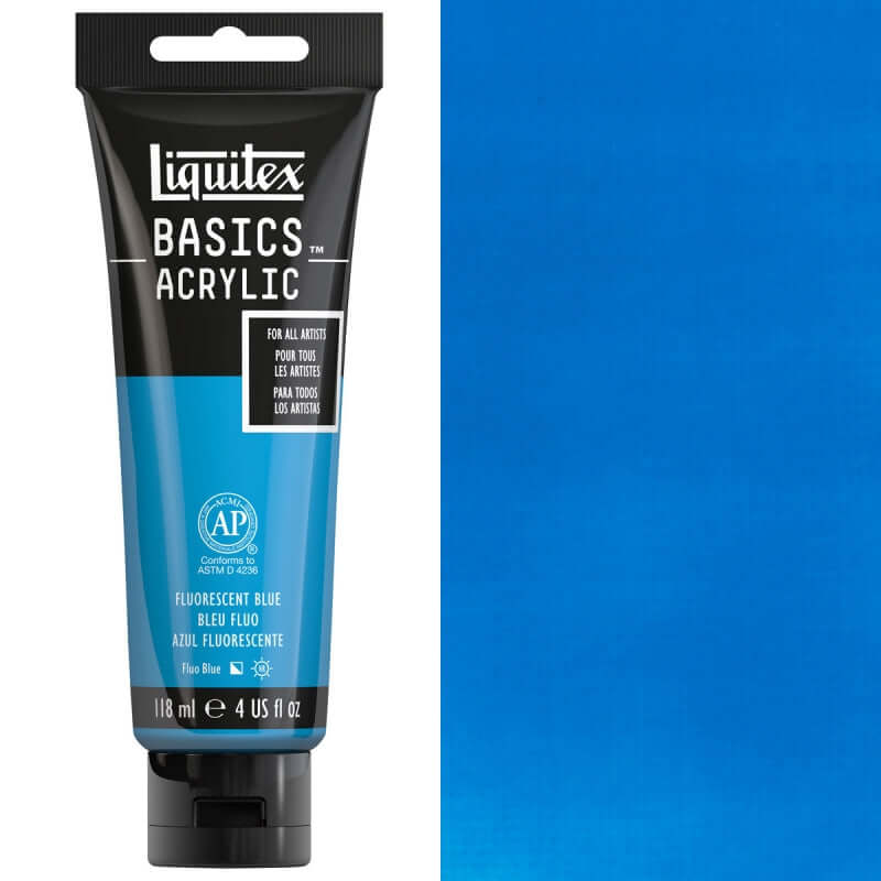 Liquitex Basics Fluorescent Acrylic 118ml tube in vibrant blue shade, perfect for artists of all levels.