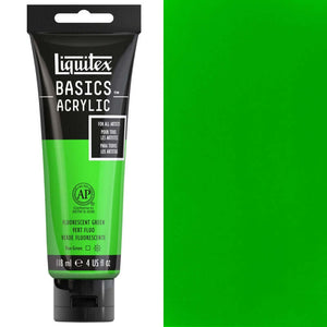 Liquitex Basics Fluorescent Acrylic 118ml tube in vivid fluorescent green color for artists and beginners.