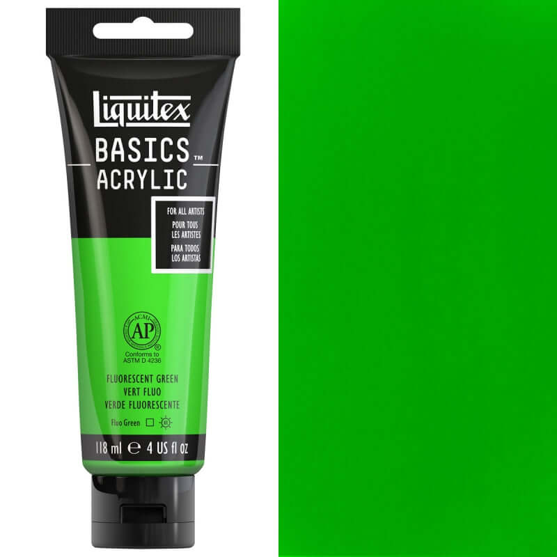 Liquitex Basics Fluorescent Acrylic 118ml tube in vivid fluorescent green color for artists and beginners.