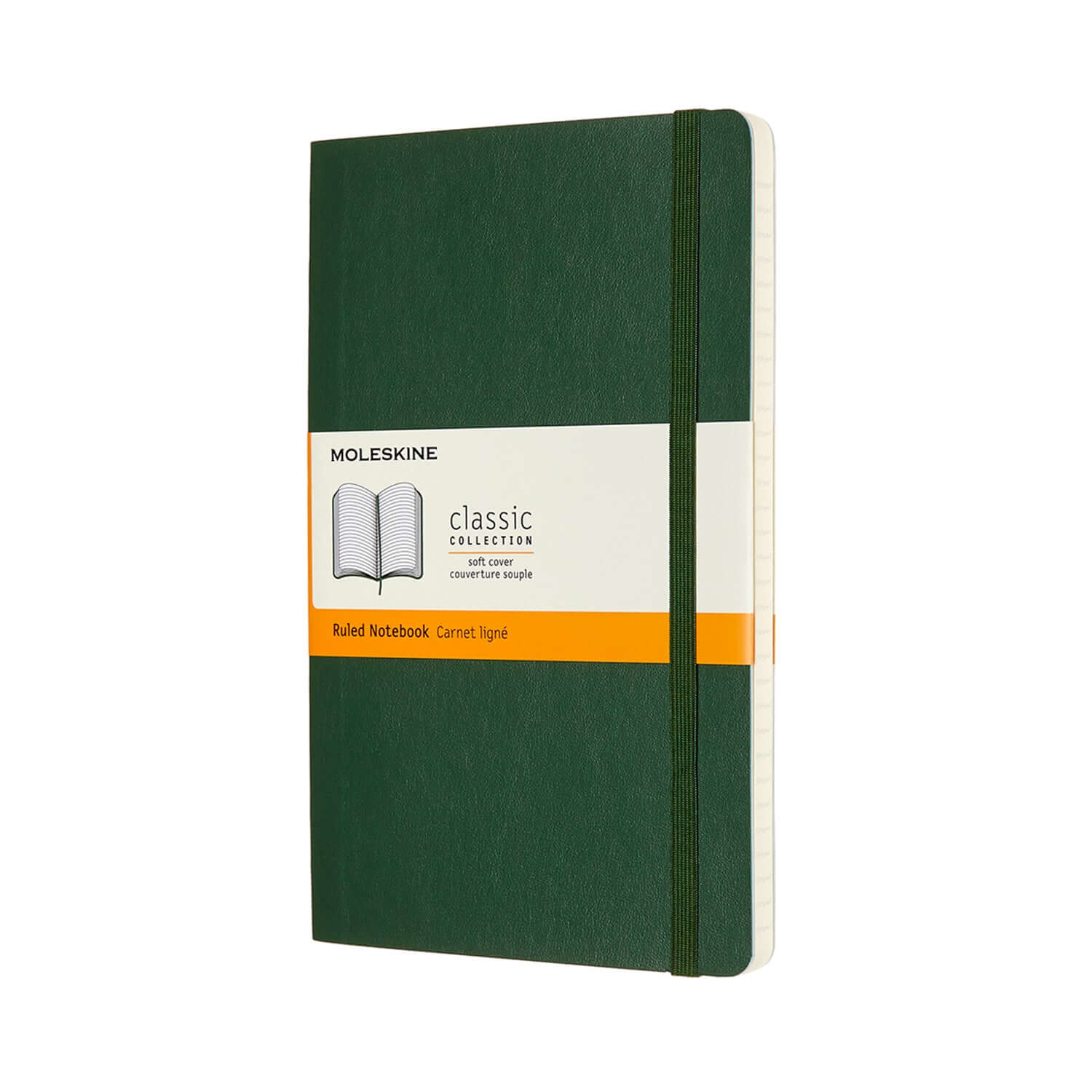 Moleskine Classic Large Ruled Softcover Notebook - Myrtle Green with elastic closure and ribbon bookmark.