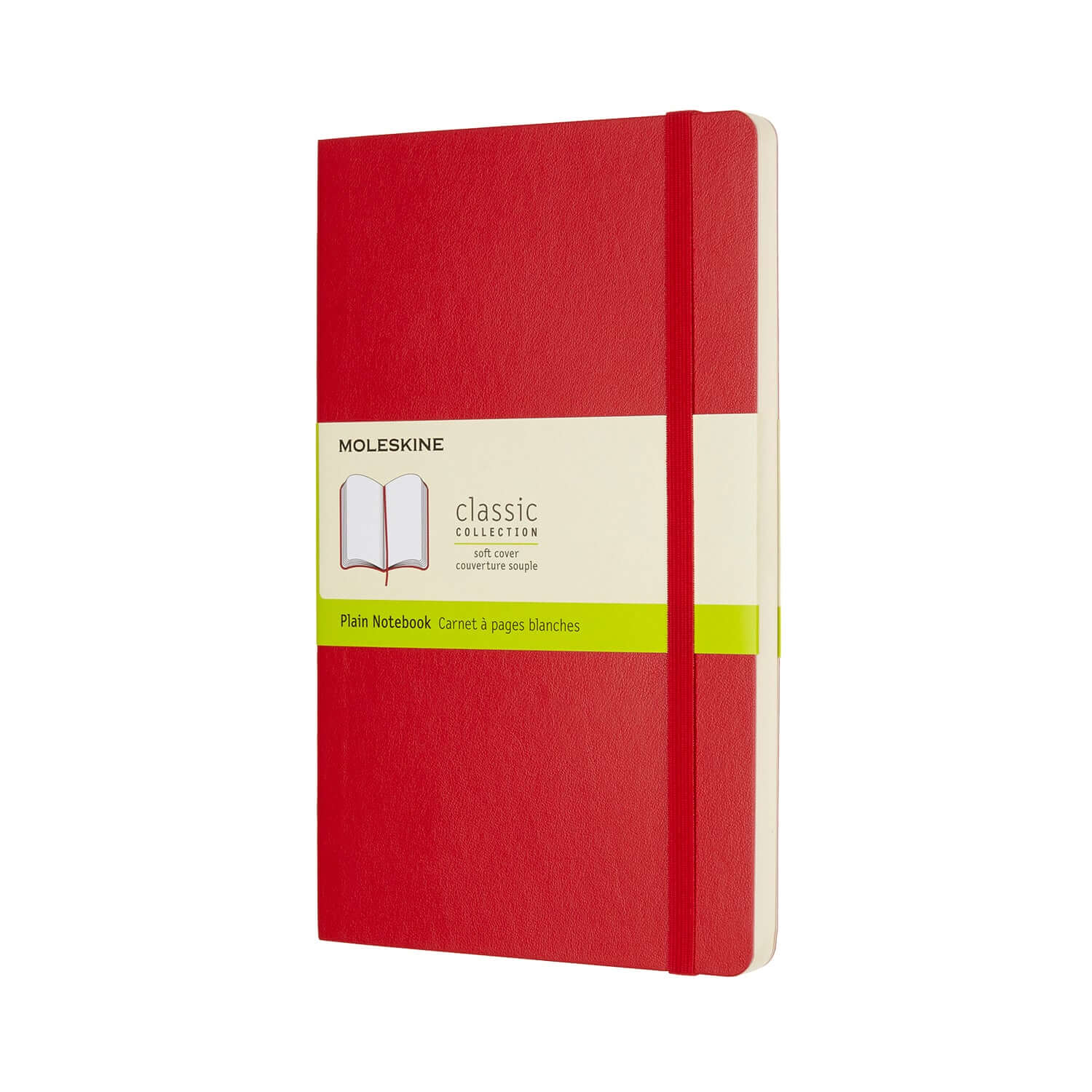 Moleskine Classic Scarlet Red Large Plain Softcover Notebook, flexible softcover with plain pages and elastic closure.