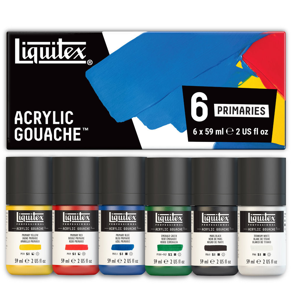 Liquitex Acrylic Gouache Set 6 x 59ml Primary - box with bottles