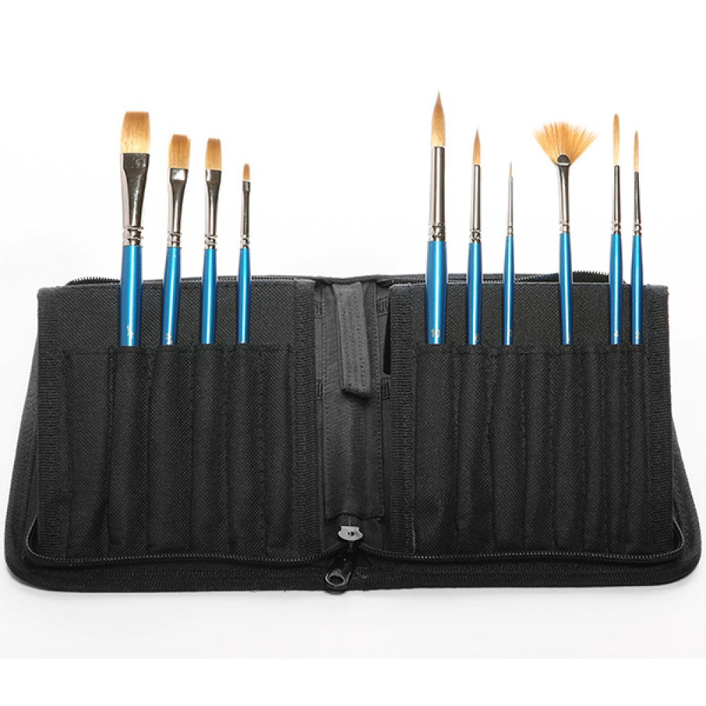 Elements Watercolour Brush Wallet open as a stand with 10 brushes