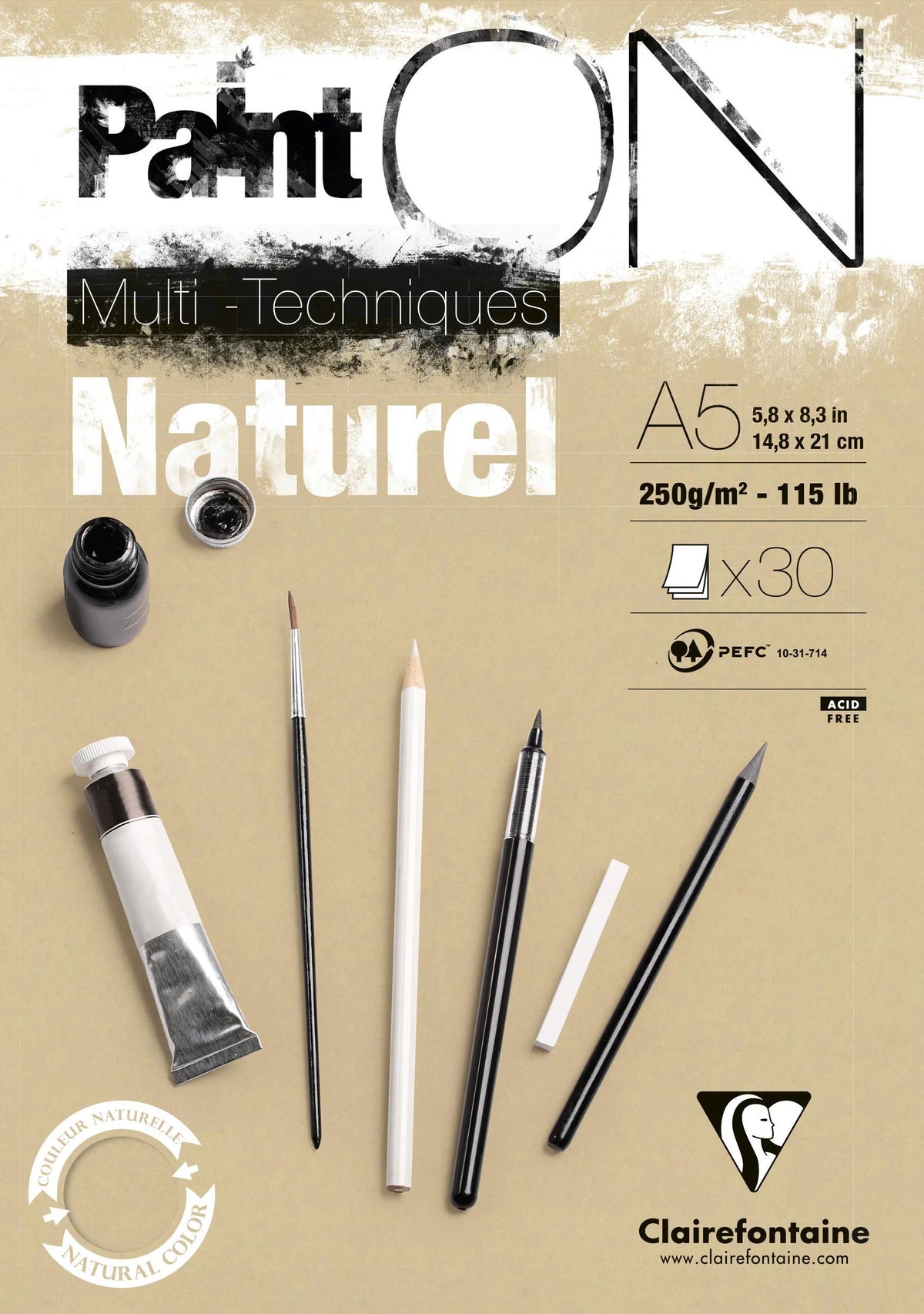 Clairefontaine Paint'On Natural glued pad A5, 250gsm, 30 sheets, sand-coloured paper