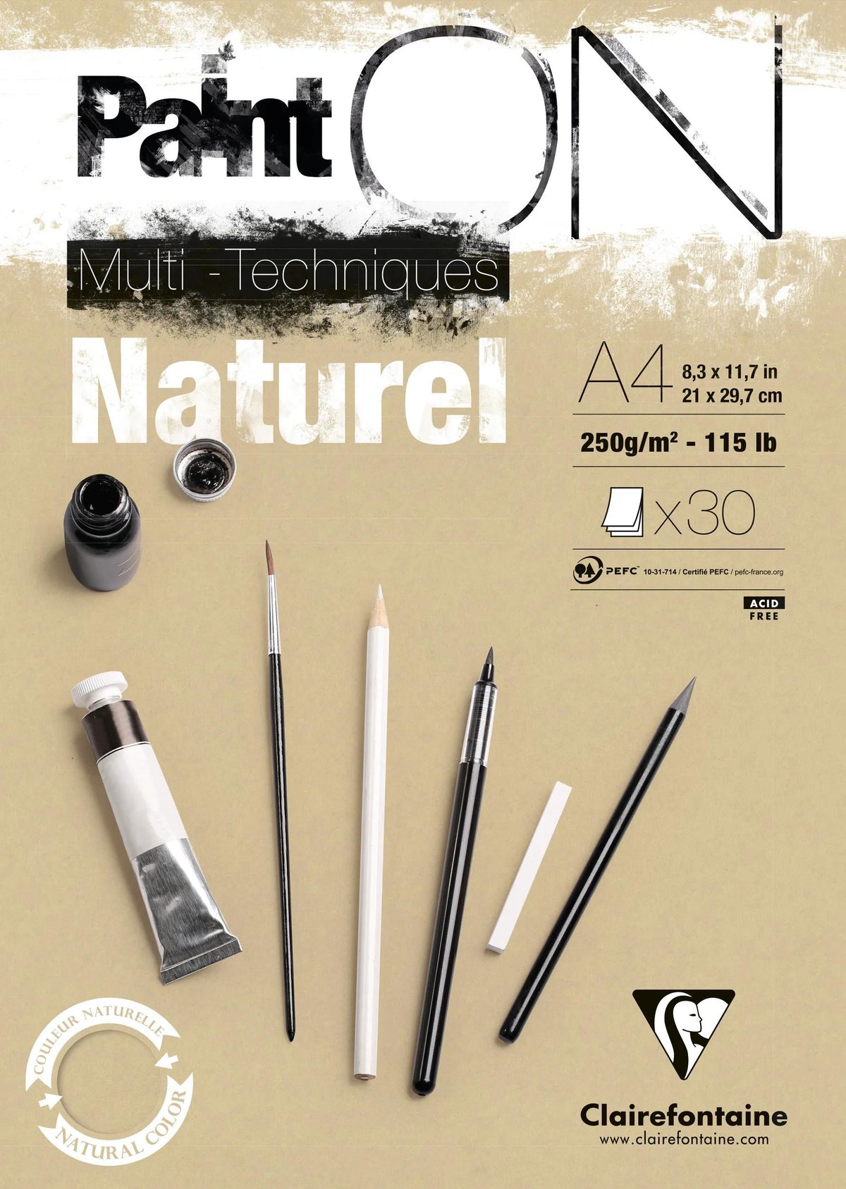 Clairefontaine Paint'On Natural glued pad A4, 250gsm, 30 sheets