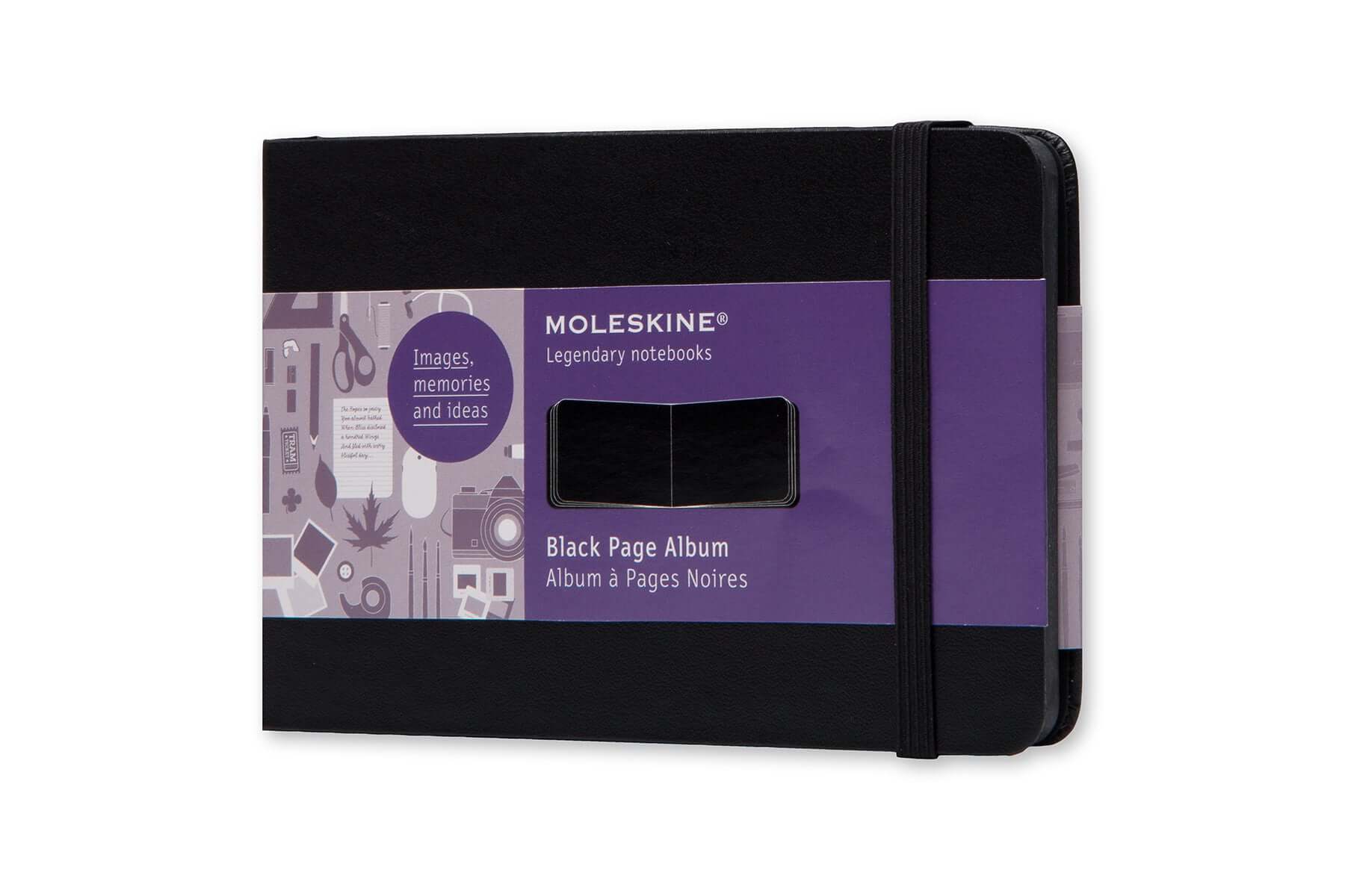 Moleskine Art Pocket Black Page Album with black cover and purple label showcasing black pages for art.