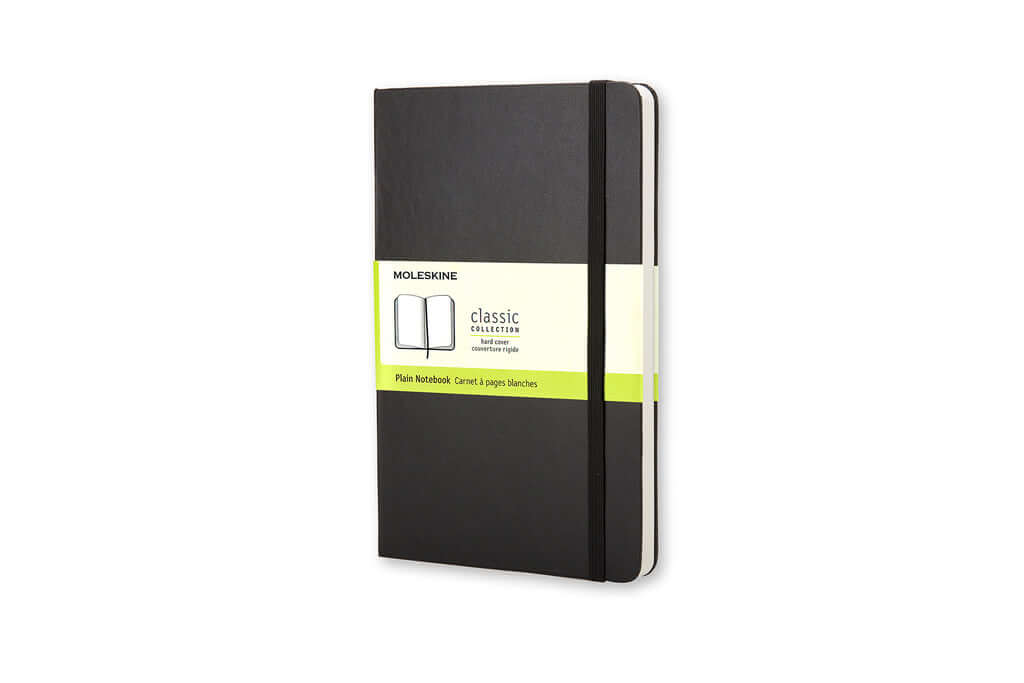 Moleskine Classic Large Plain Hardcover Notebook - Black with rounded corners and elastic closure.