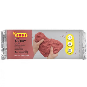 "500g pack of Jovi Air Dry Terracotta Clay, ideal for modeling and crafting, shown with hands demonstrating its soft texture."