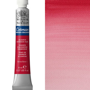 Winsor & Newton Cotman Watercolour paint tube, 8ml Alizarin Crimson Hue with gradient swatch.