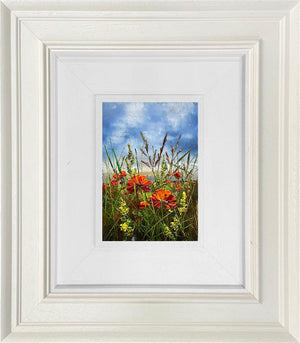 Among the Poppies by Kimberley Harris, original palette-knife oil miniature of a poppy meadow