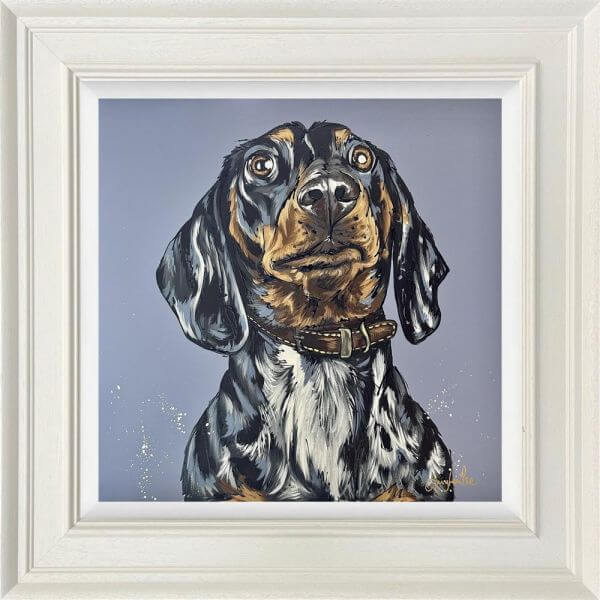 Bespoke pet portrait of a black and tan dog by bradburyART in a white frame