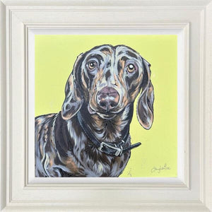 Bespoke pet portrait of a dachshund by bradburyART, featuring intricate details and a vibrant background.