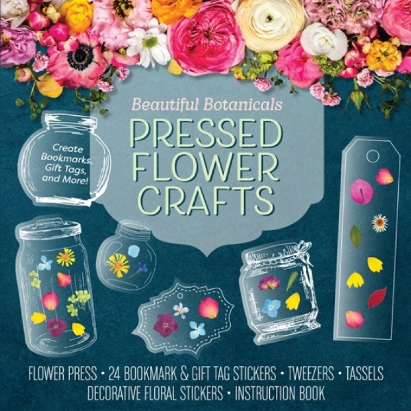 Beautiful Botanicals Pressed Flower Crafts Kit with flower press, tweezers, tassels, and decorative floral stickers for crafting gifts.