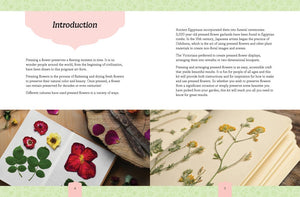 Introduction page of the Beautiful Botanicals Pressed Flower Crafts Kit showing dried flowers and pressing techniques.