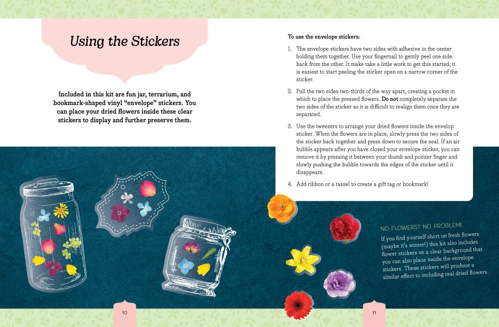 Beautiful Botanicals Pressed Flower Crafts Kit instructions page with sticker usage guide and colorful flower illustrations.