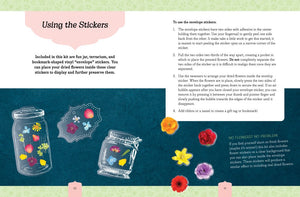 Beautiful Botanicals Pressed Flower Crafts Kit instructions page with sticker usage guide and colorful flower illustrations.