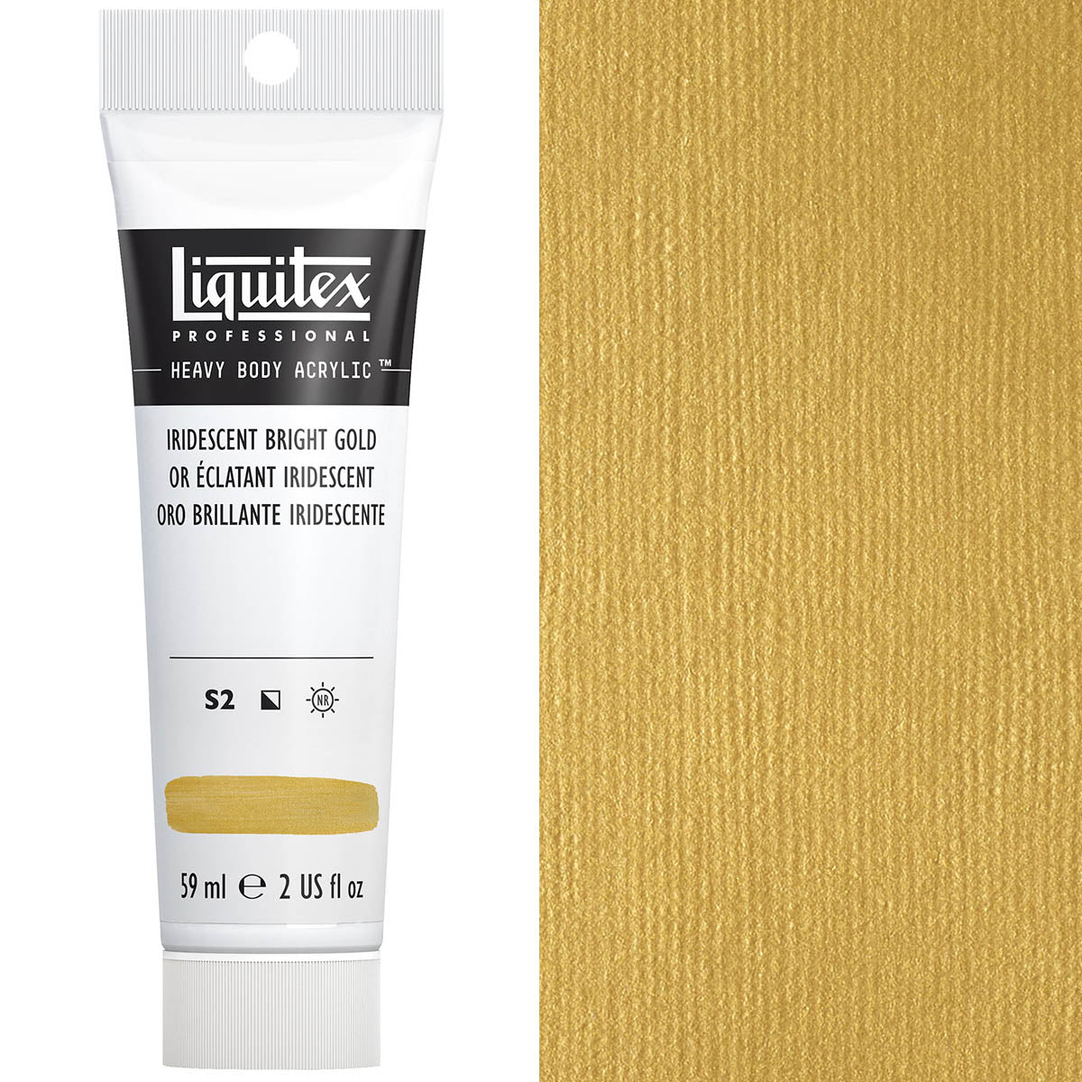 Liquitex Heavy Body Acrylic Paint 59ml tube in Iridescent Bright Gold color with swatch.