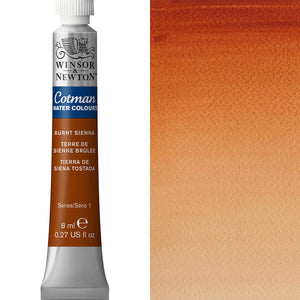 Winsor & Newton Cotman Watercolour paint tube in Burnt Sienna, showing 8ml size and paint swatch.