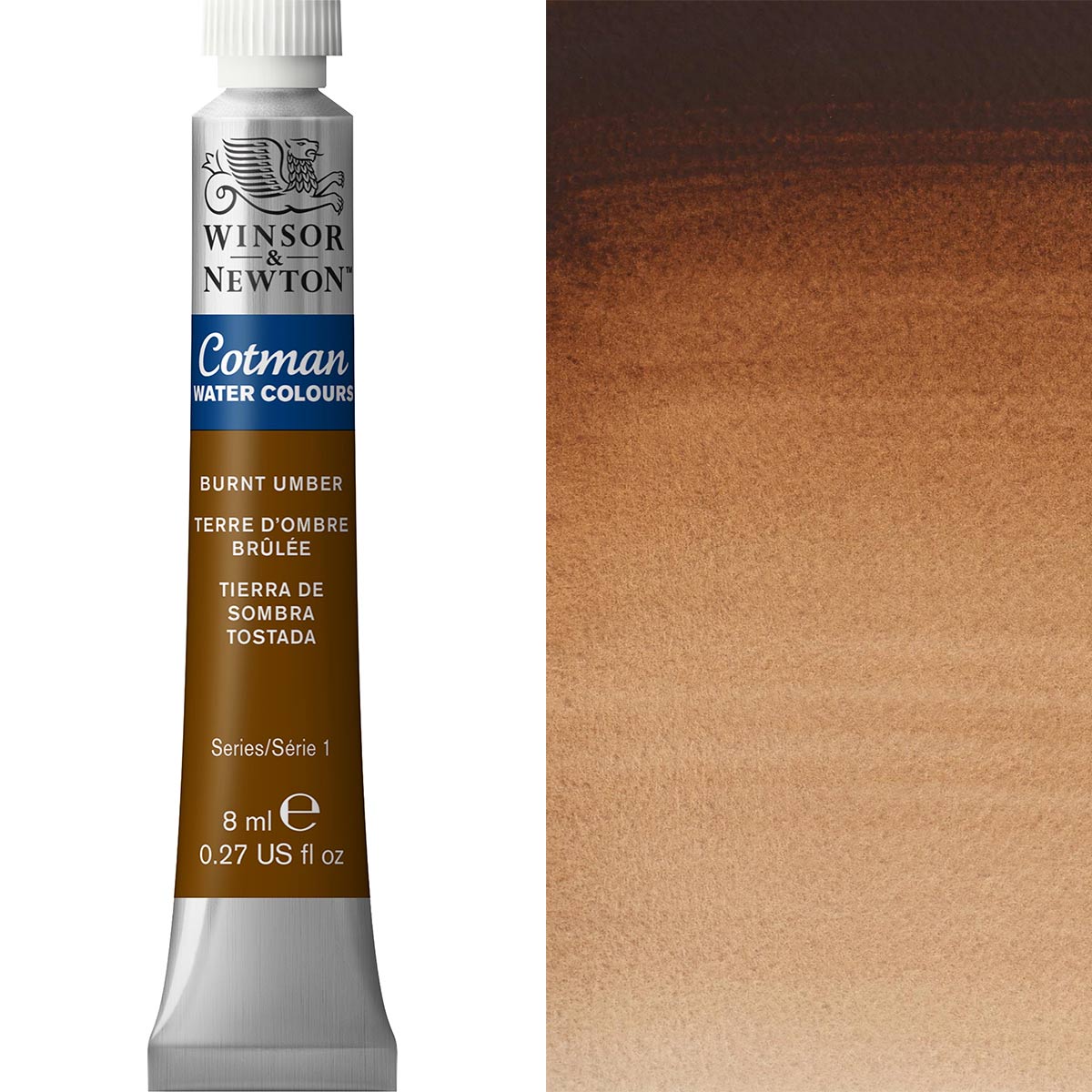 Winsor & Newton Cotman Watercolour paint tube in Burnt Umber with corresponding color swatch, perfect for artists and hobbyists.